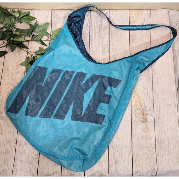 Nike Mesh Shoulder Reversible Sports Gym Workout Beach Bag Tote Blue Teal Logo - Picture 1 of 8